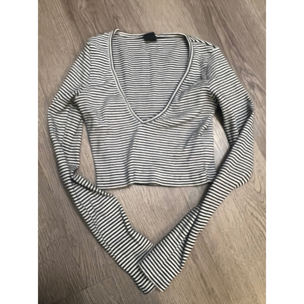 Urban Outfitters Striped Ribbed V-Neck Cropped Long Sleeve Top Black White XS